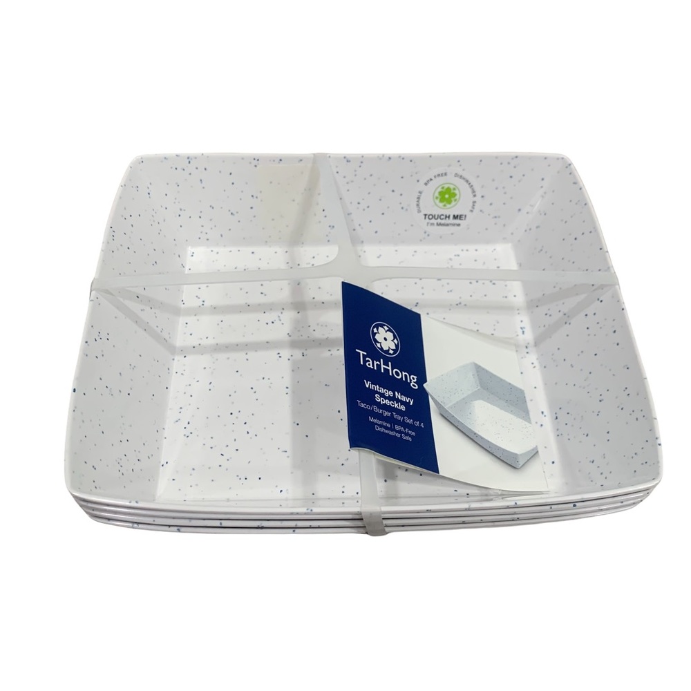 NWT TarHong Blue Navy Vintage Speckle Taco Burget Tray Set of 4 Plates